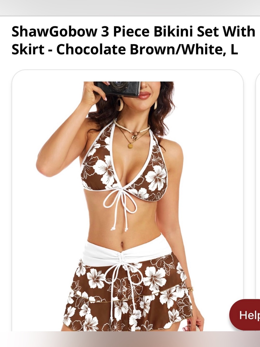 Brown & White Floral 3-Piece Bikini Set with Skirt